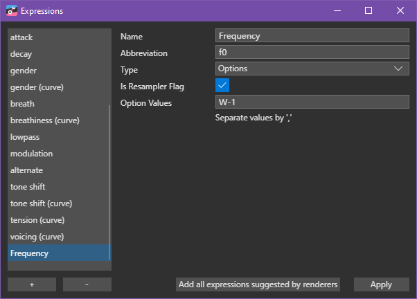 Screenshot of OpenUtau's Expressions editor. Type is Options, Is Resampler Flag is checked, and Option Values is W-1