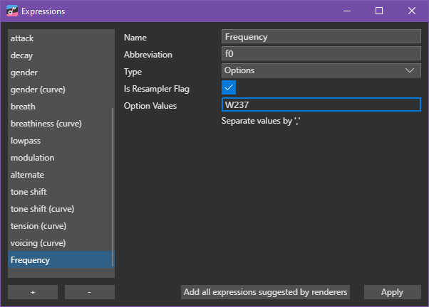 Screenshot of OpenUtau's Expressions editor. Type is Options, Is Resampler Flag is checked, and Option Values is W237