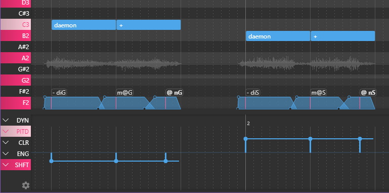 Screenshot of OpenUtau with notes adjusted by tone shift expression