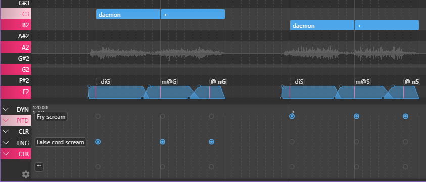 Screenshot of OpenUtau with notes adjusted by voice color expression