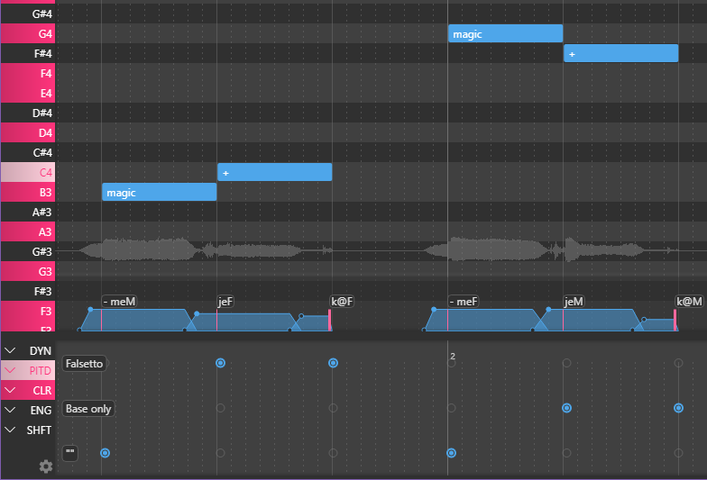 Screenshot of OpenUtau with notes adjusted by voice color expression