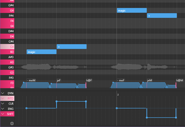 Screenshot of OpenUtau with notes adjusted by tone shift expression