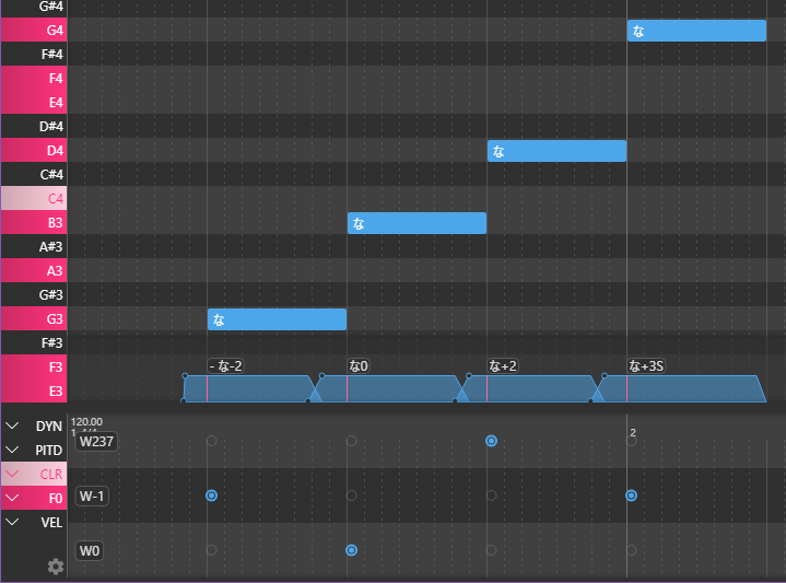 Screenshot of OpenUtau with W flag expression edited per note
