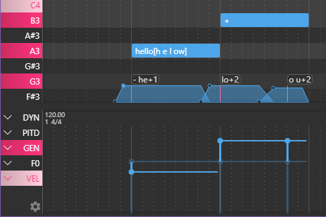 Screenshot of OpenUtau with lower g on first note and higher g on second note