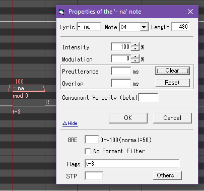 Screenshot of UTAU with t-3 flag applied to a note