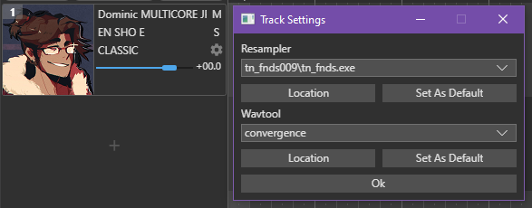 Screenshot of OpenUtau track header and CLASSIC renderer settings
