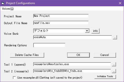 Screenshot of UTAU's project properties with tn_fnds in Tool 2